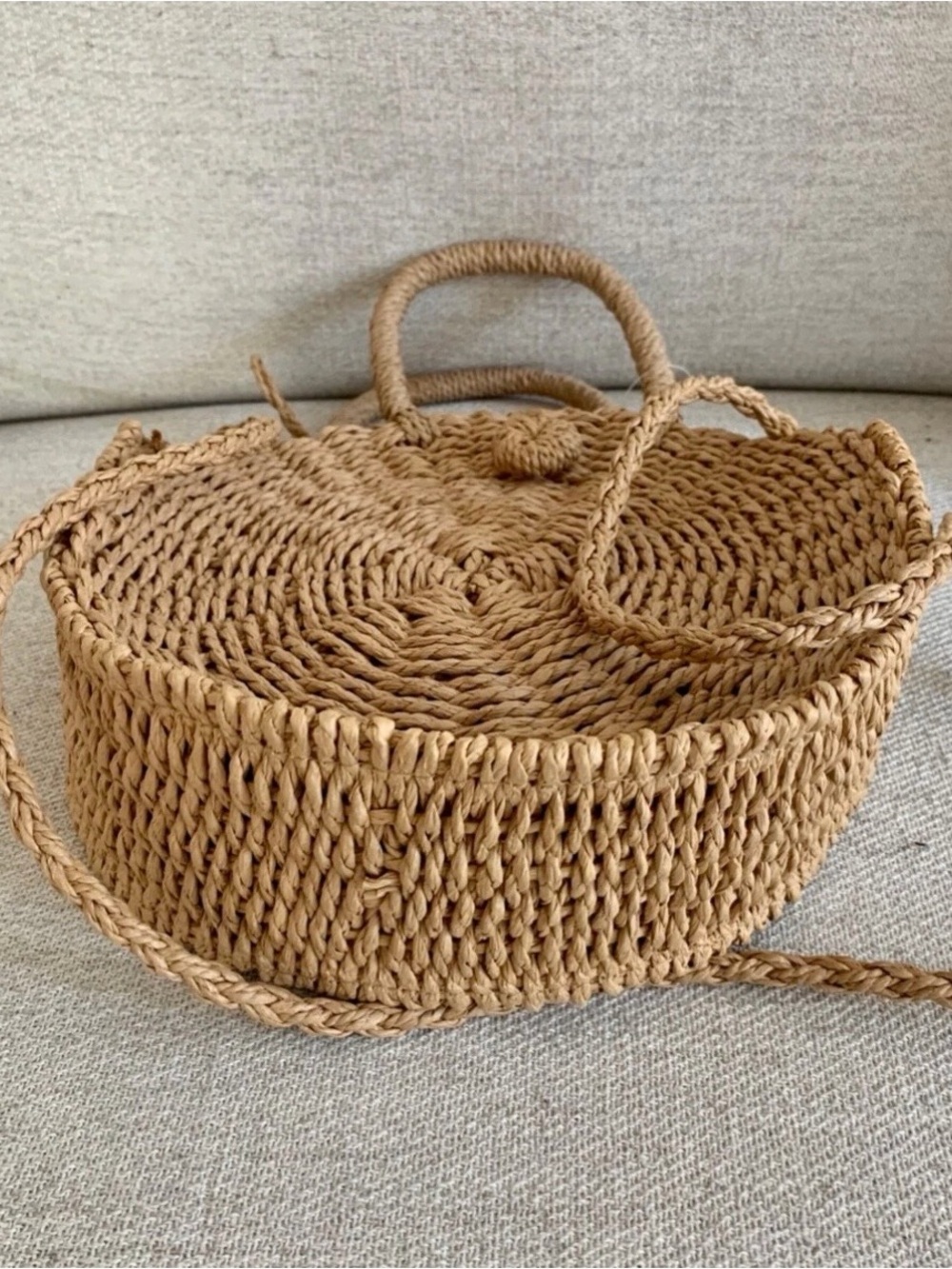 Barneys New York Round Woven Straw Shoulder Bag in Natural Tan - Picture 3 of 6